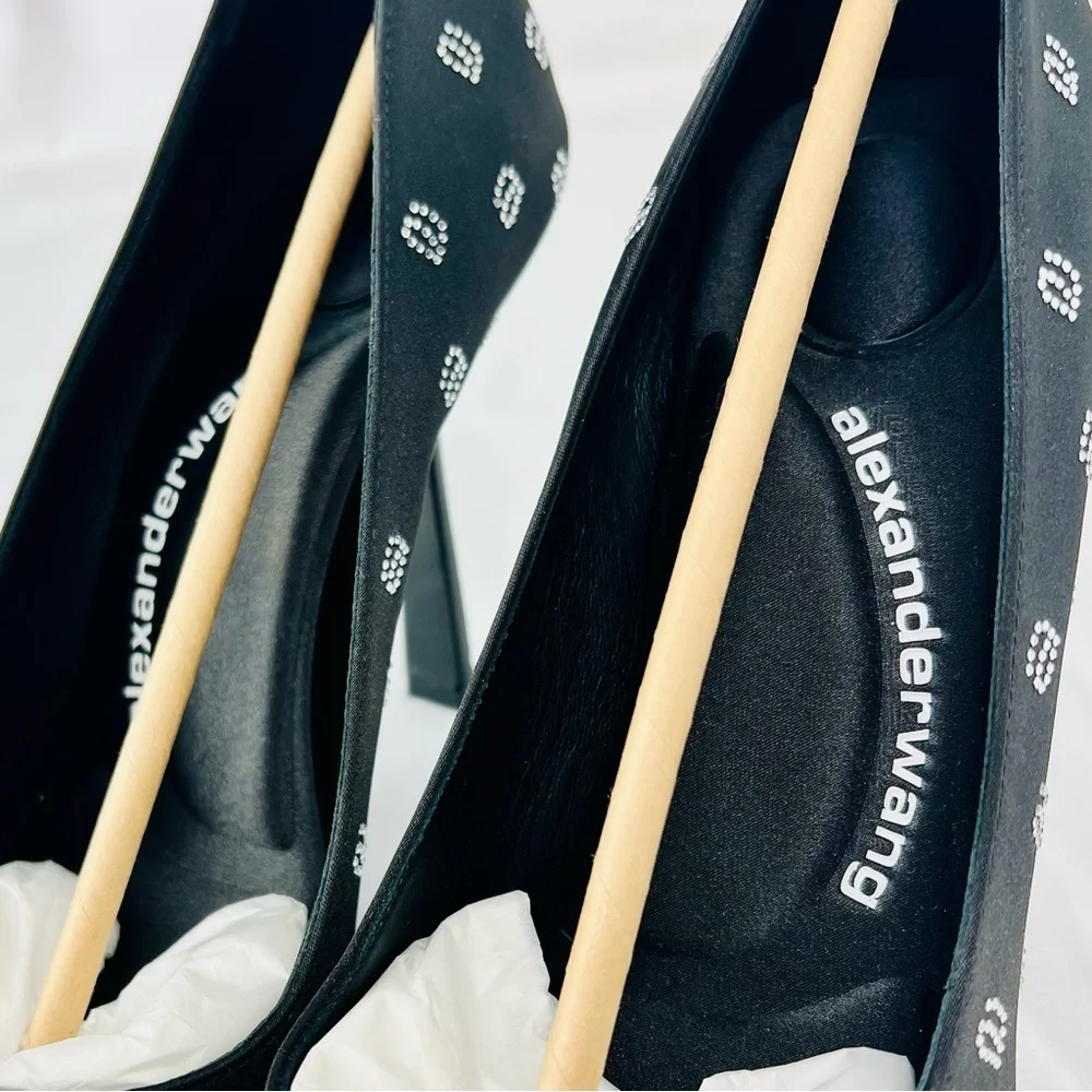 Alexander Wang Delphine Black Satin Crystal Logo Stiletto Pumps Heels 4” 39.5 - Picture 8 of 16